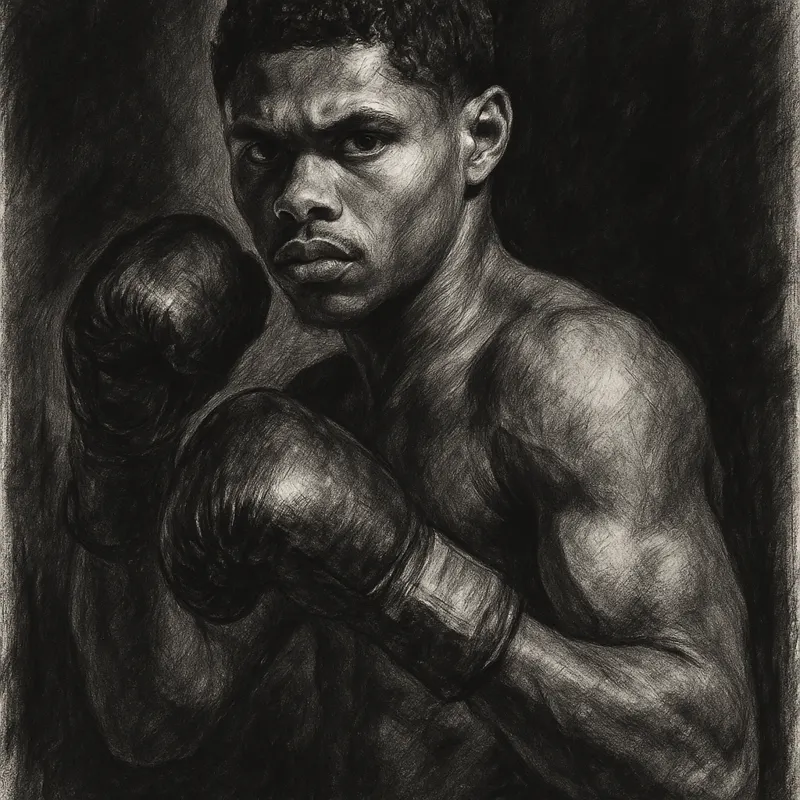 Shakur Stevenson in boxing pose, charcoal portrait