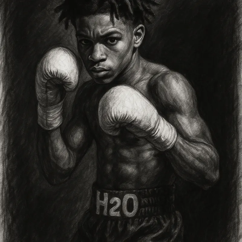 Ashton Sylve in boxing pose, charcoal portrait