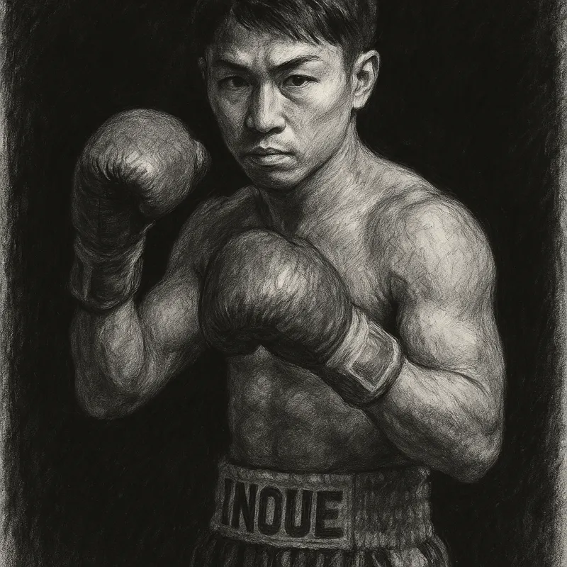 Takuma Inoue in boxing pose, charcoal portrait