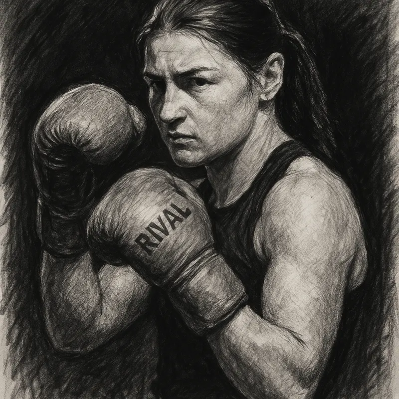 Katie Taylor in boxing pose, charcoal portrait