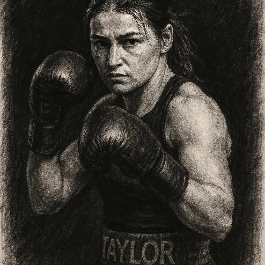 Katie Taylor in boxing pose, charcoal portrait