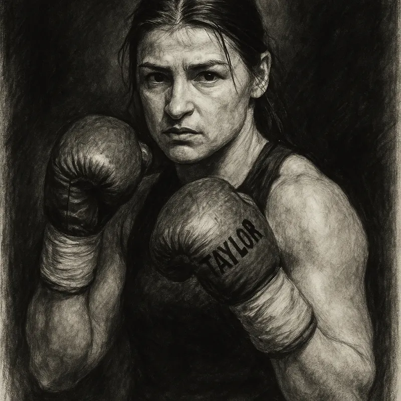 Katie Taylor in boxing pose, charcoal portrait