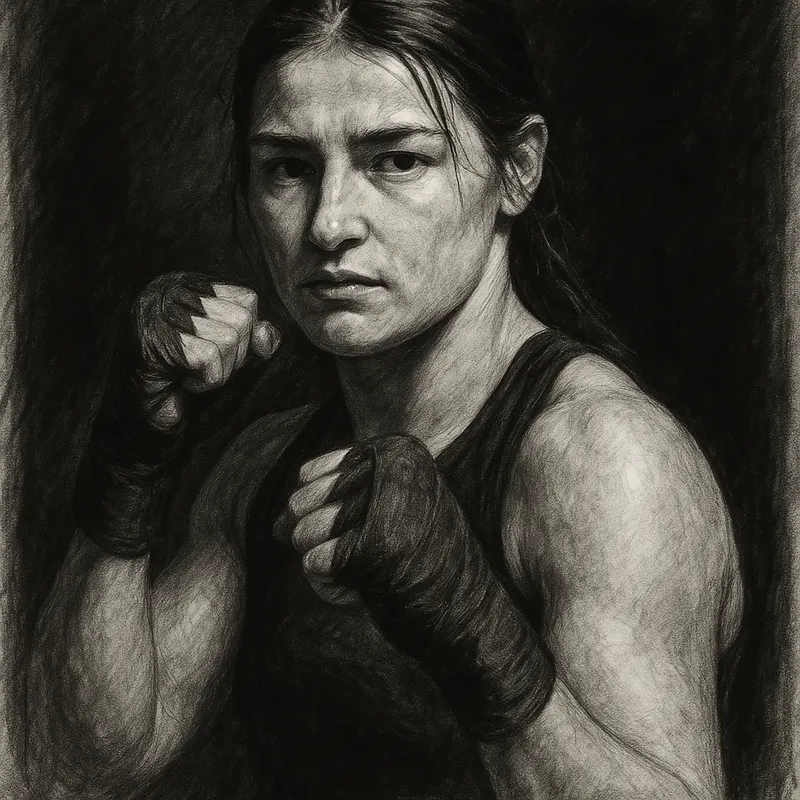 Katie Taylor in boxing pose, charcoal portrait