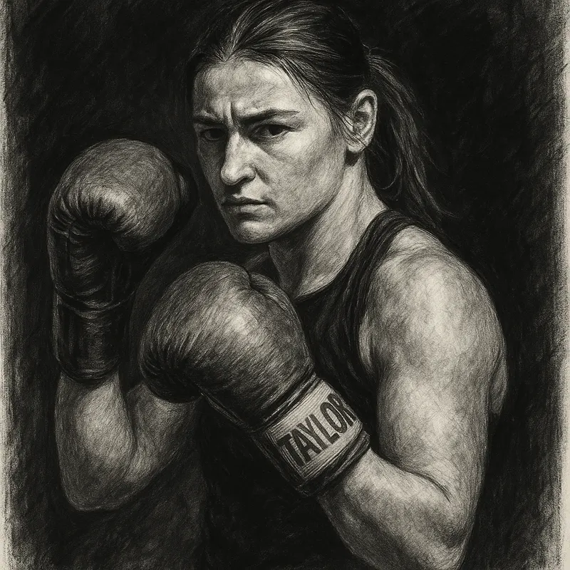 Katie Taylor in boxing pose, charcoal portrait