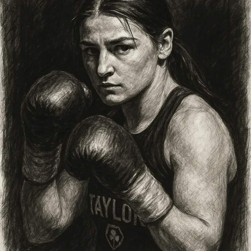 Katie Taylor in boxing pose, charcoal portrait