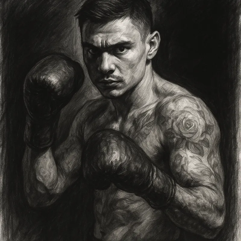 Nikita Tszyu in boxing pose, charcoal portrait