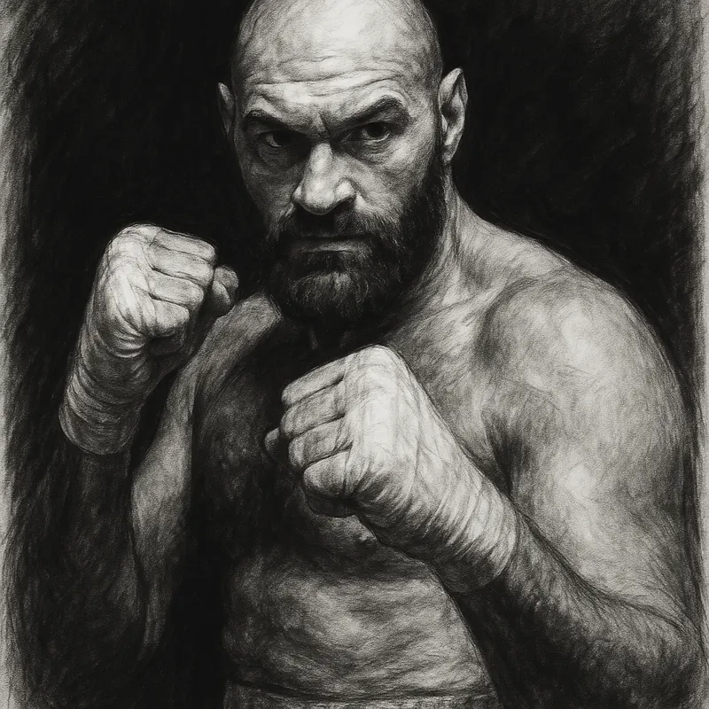 Tyson Fury in boxing pose, charcoal portrait