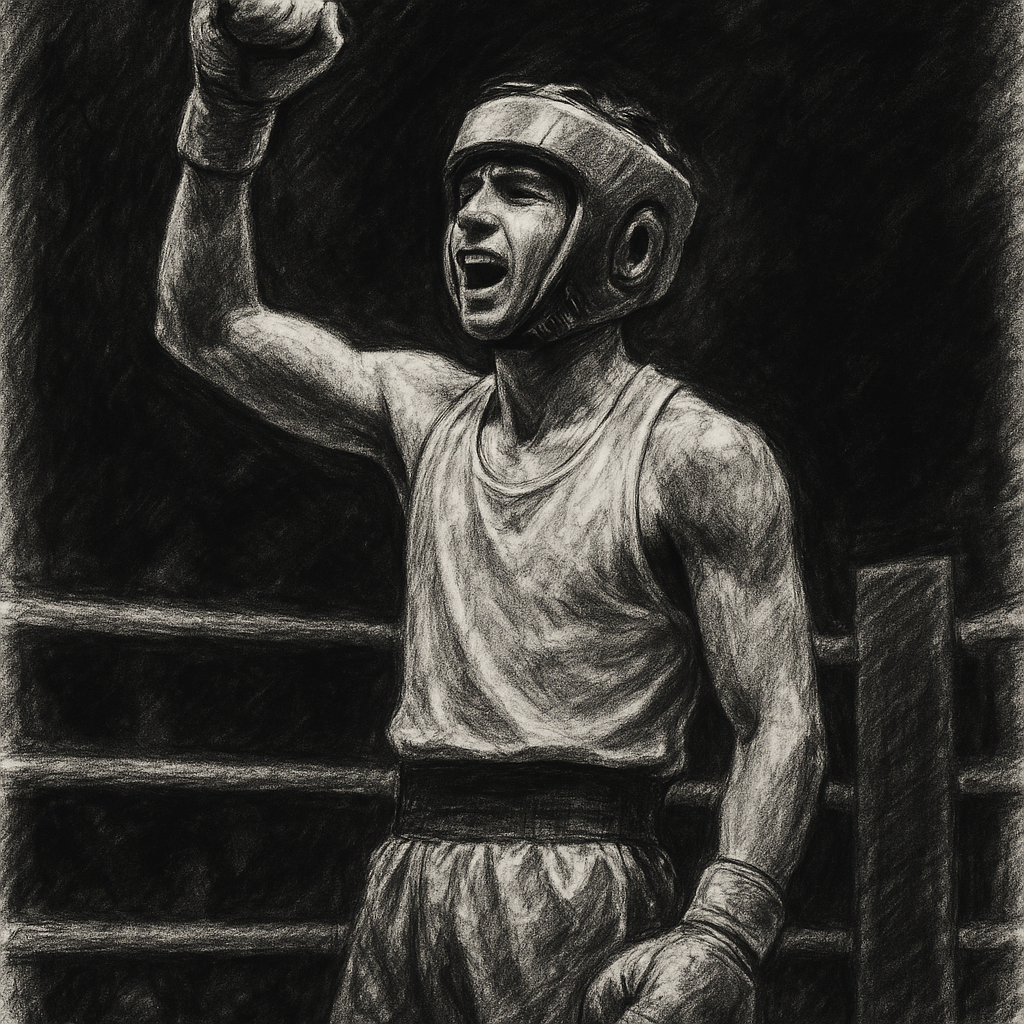 Amateur boxer celebrating victory, charcoal illustration