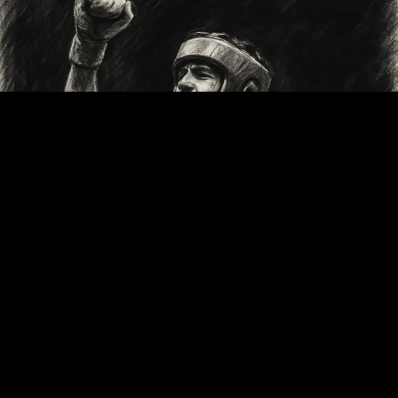 Amateur boxer celebrating victory, charcoal illustration