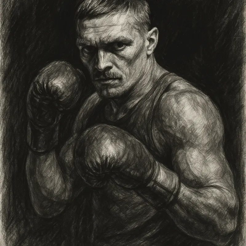 Oleksandr Usyk in boxing pose, charcoal portrait