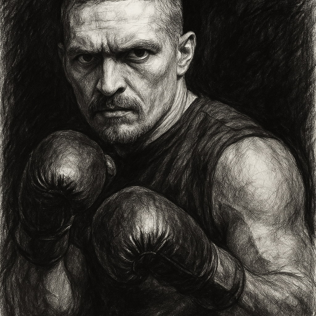 Oleksandr Usyk charcoal portrait Verhoeven build Giza Pyramids