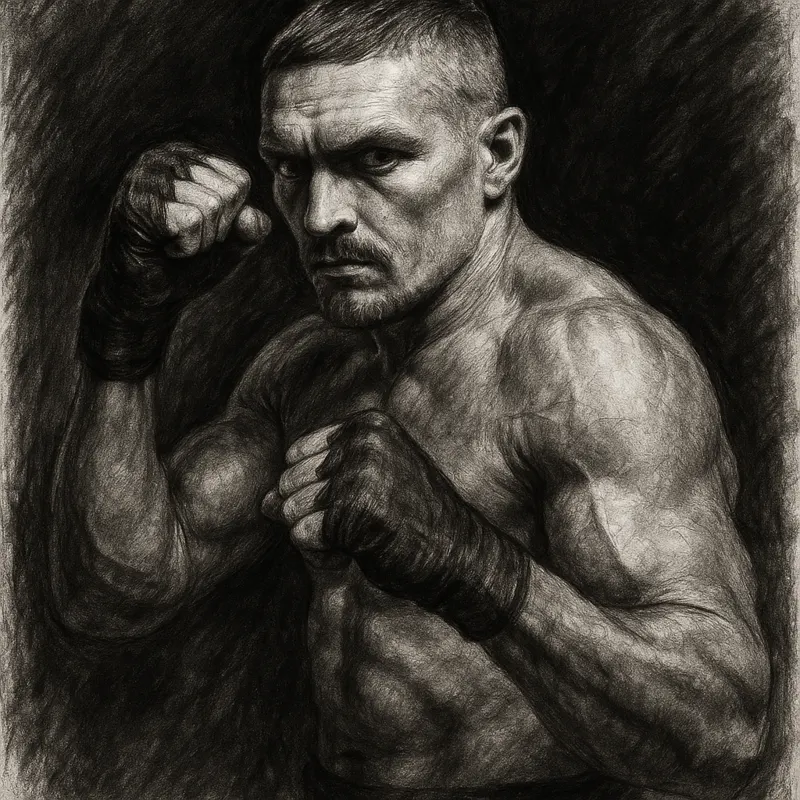 Oleksandr Usyk in boxing pose, charcoal portrait