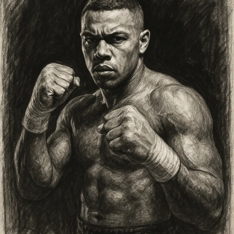Fabio Wardley in boxing pose, charcoal portrait