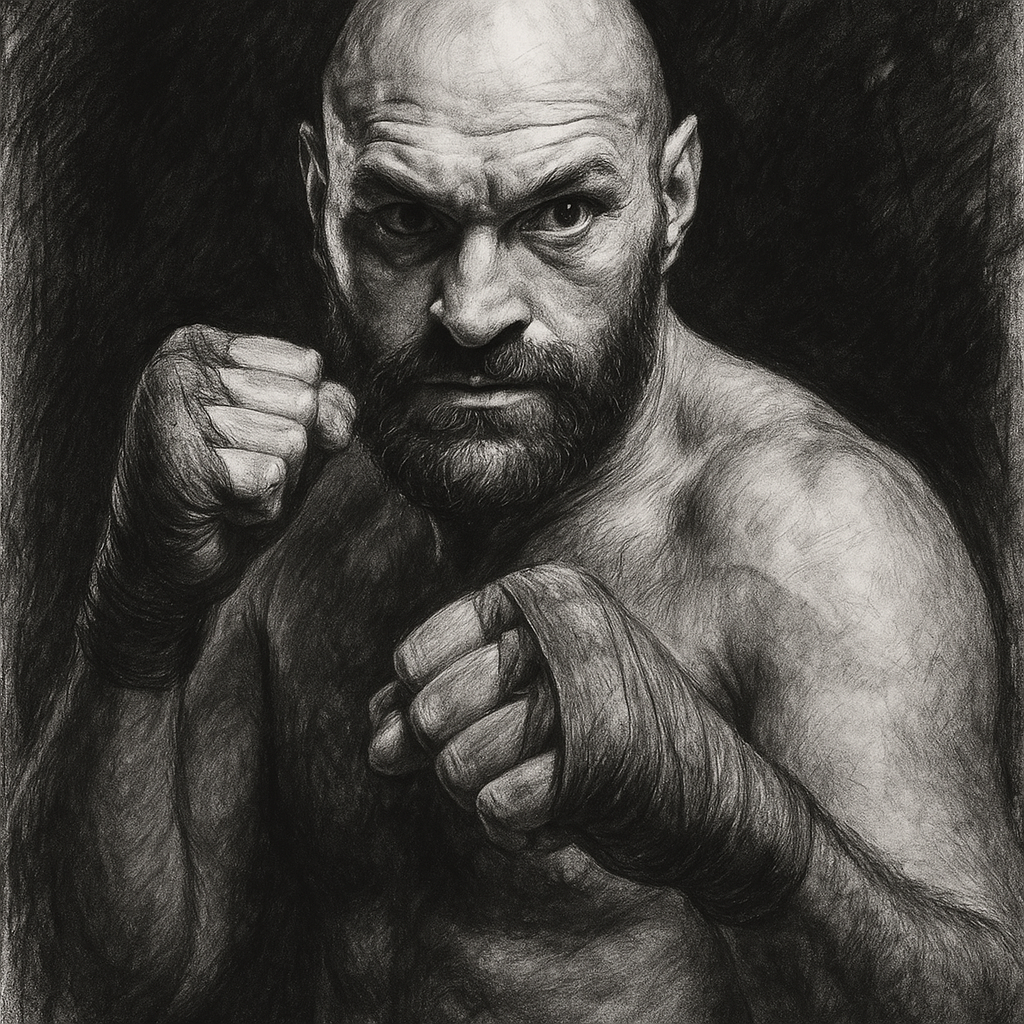 Tyson Fury charcoal portrait boxing pose