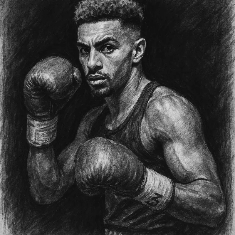 Ben Whittaker in boxing pose, charcoal portrait