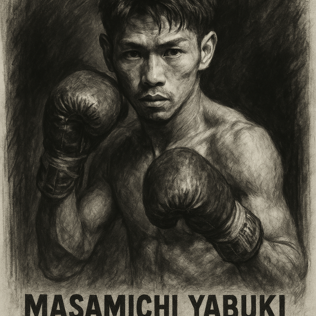Masamichi Yabuki in boxing pose, charcoal portrait