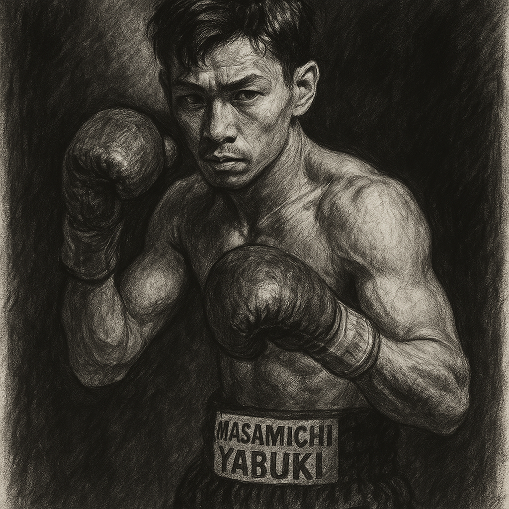 Masamichi Yabuki in boxing pose, charcoal portrait
