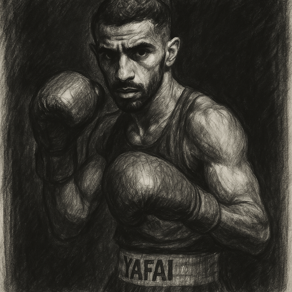 Galal Yafai in boxing pose, charcoal portrait