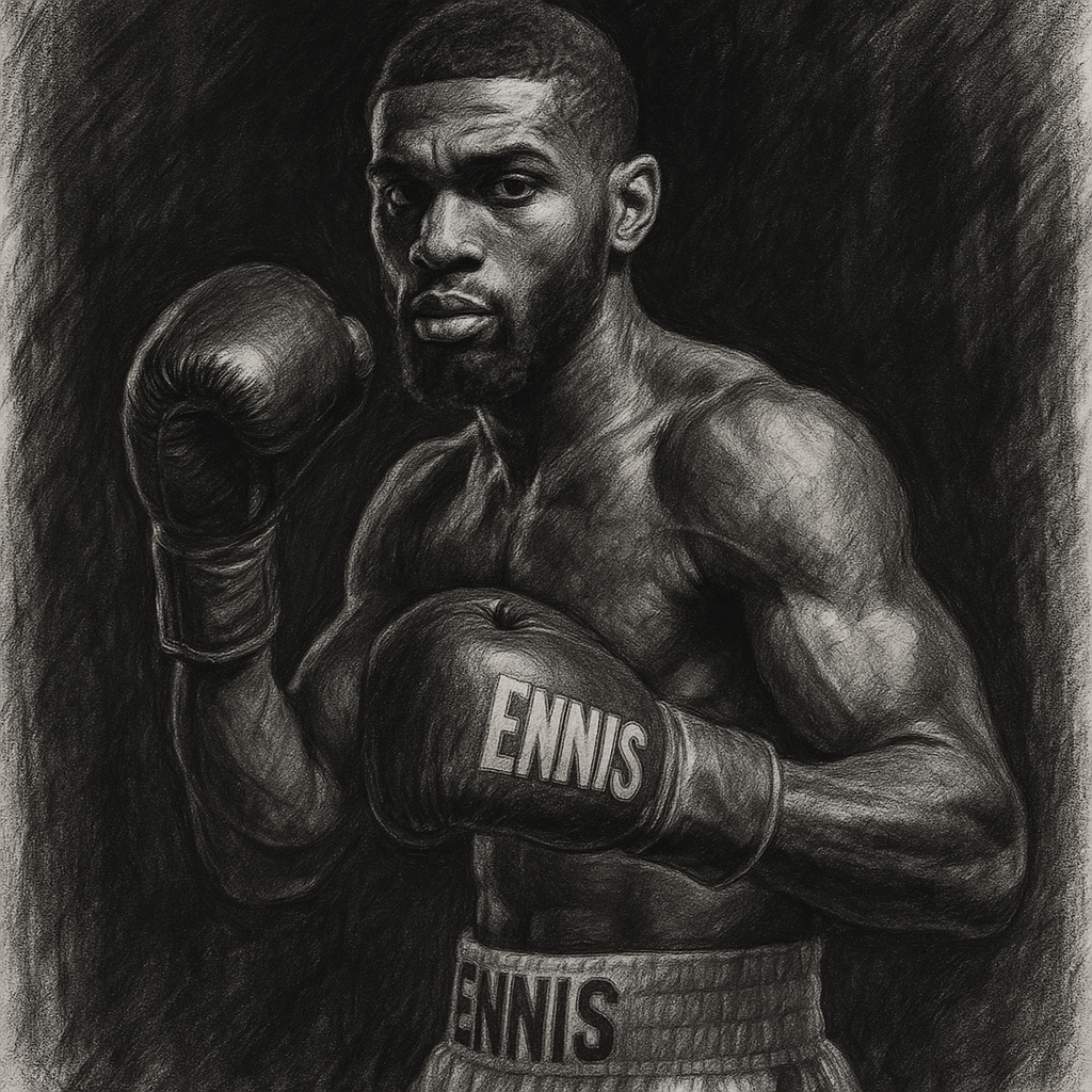 Jaron Ennis in boxing pose, charcoal portrait
