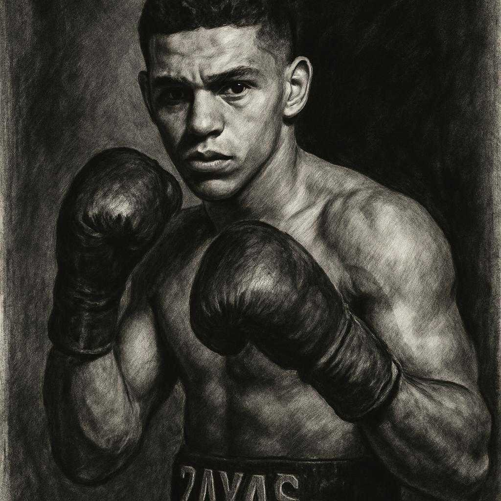 Xander Zayas in boxing pose, charcoal portrait