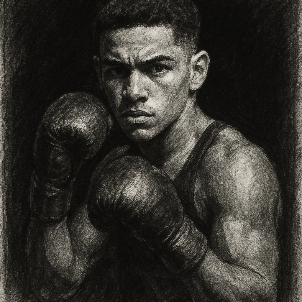 Xander Zayas in boxing pose, charcoal portrait