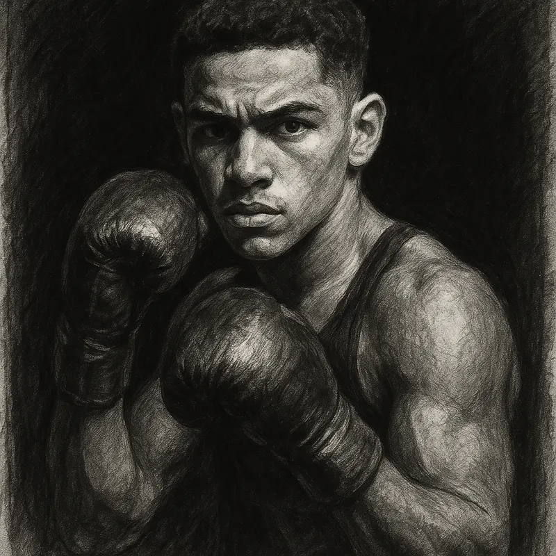 Xander Zayas in boxing pose, charcoal portrait