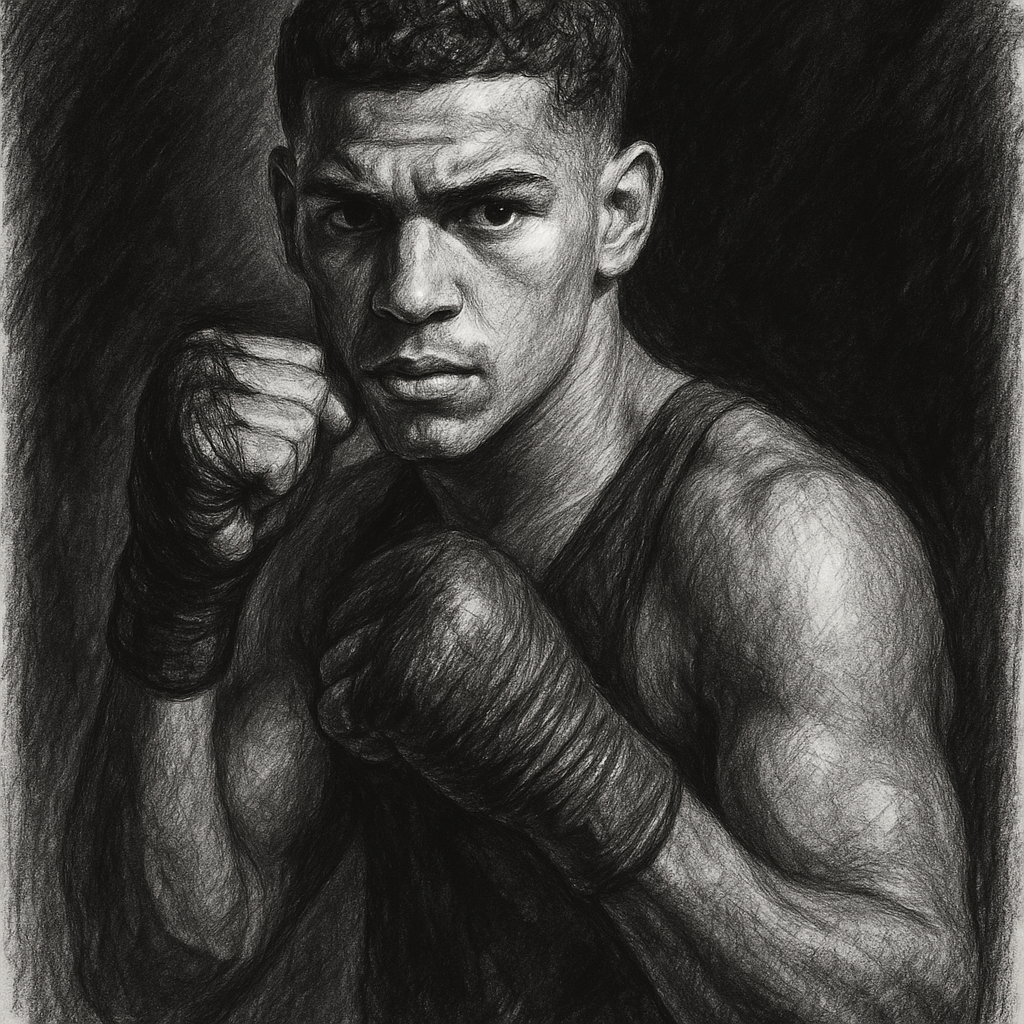 Xander Zayas in boxing pose, charcoal portrait