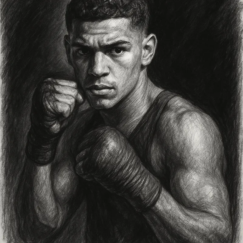 Xander Zayas in boxing pose, charcoal portrait