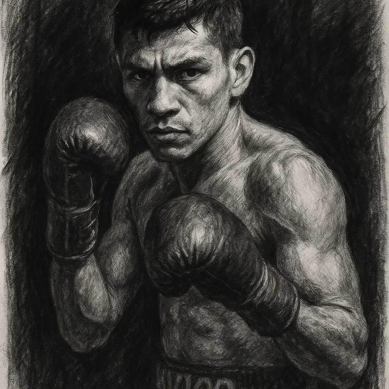 William Zepeda in boxing pose, charcoal portrait