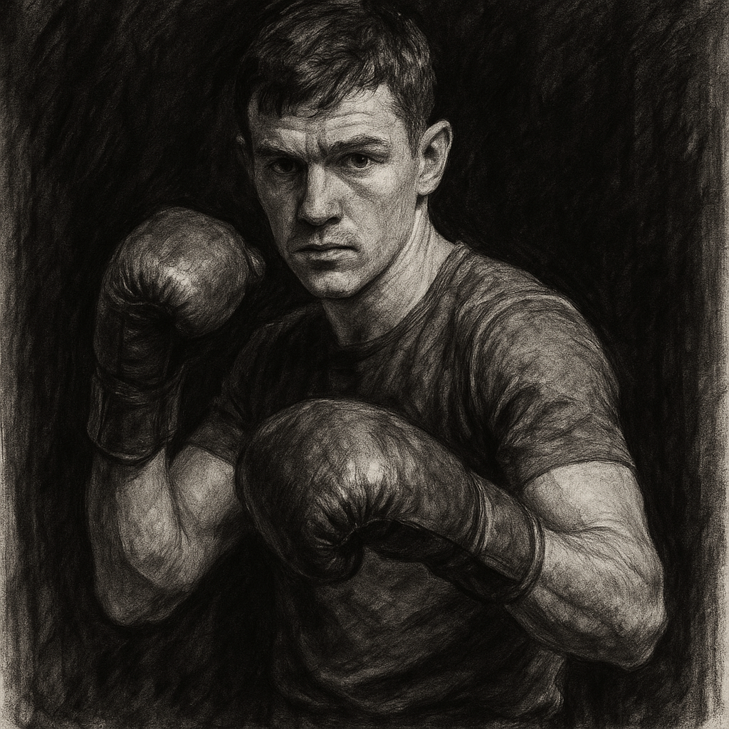Callum Walsh in boxing pose, charcoal portrait
