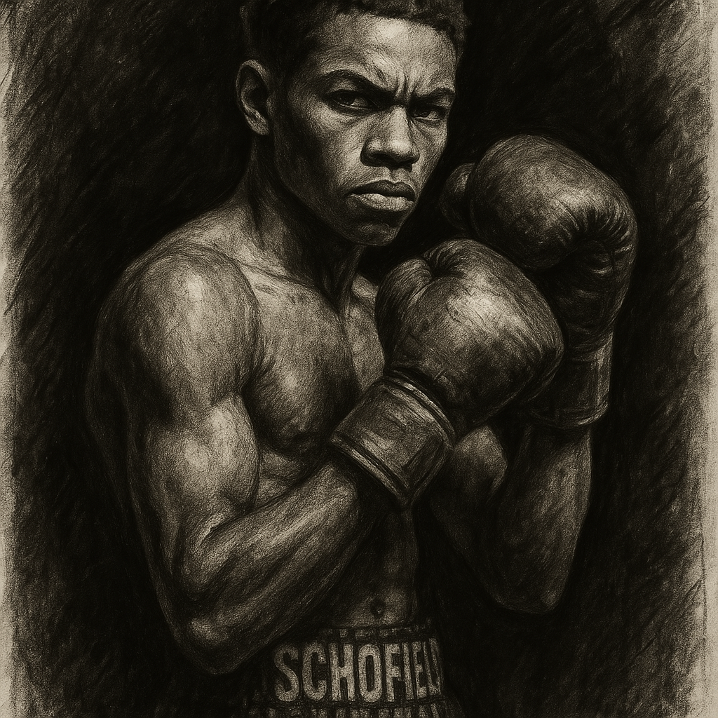 Floyd Schofield charcoal portrait, dramatic shadows, defiant expression