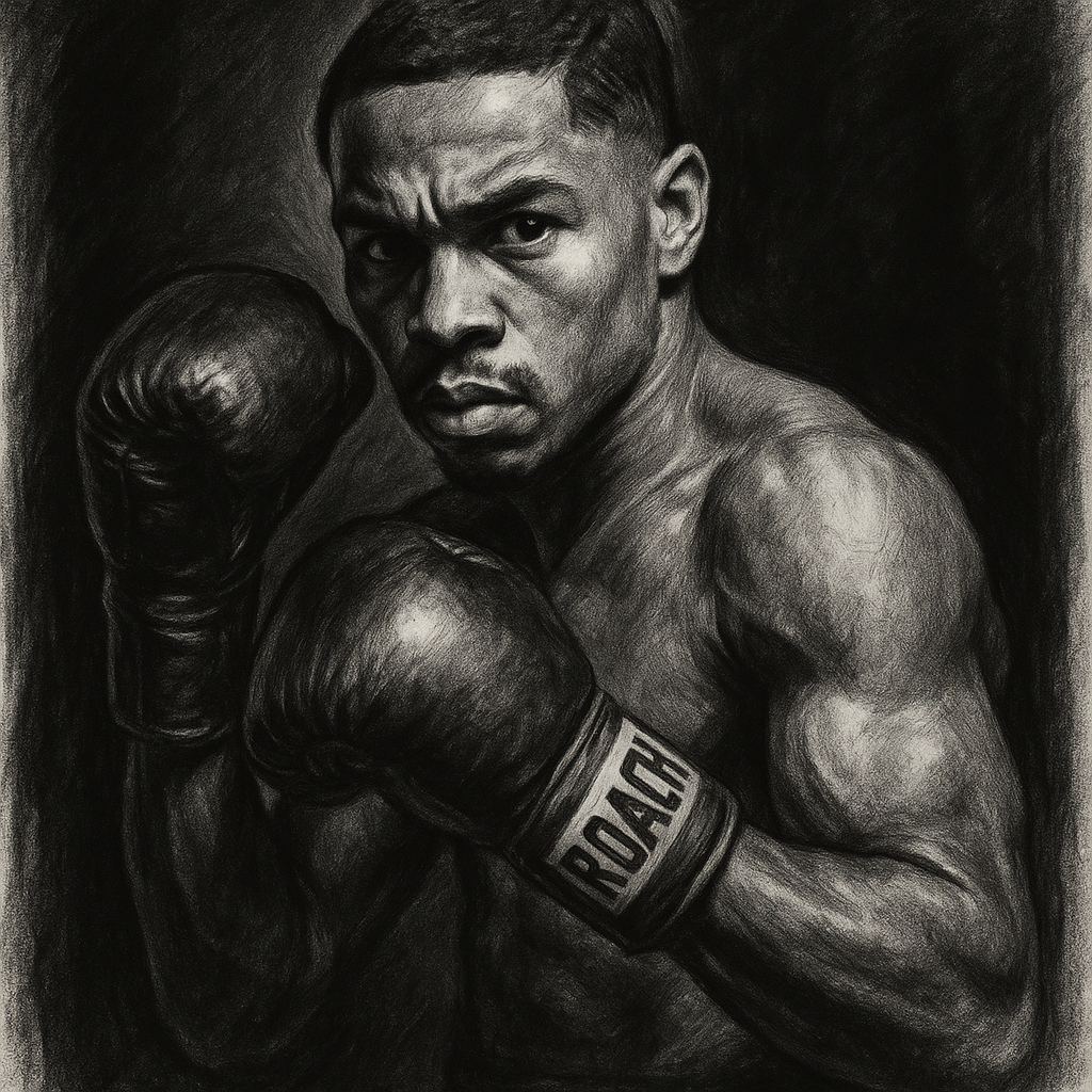 Lamont Roach Jr charcoal portrait boxing pose lightweight