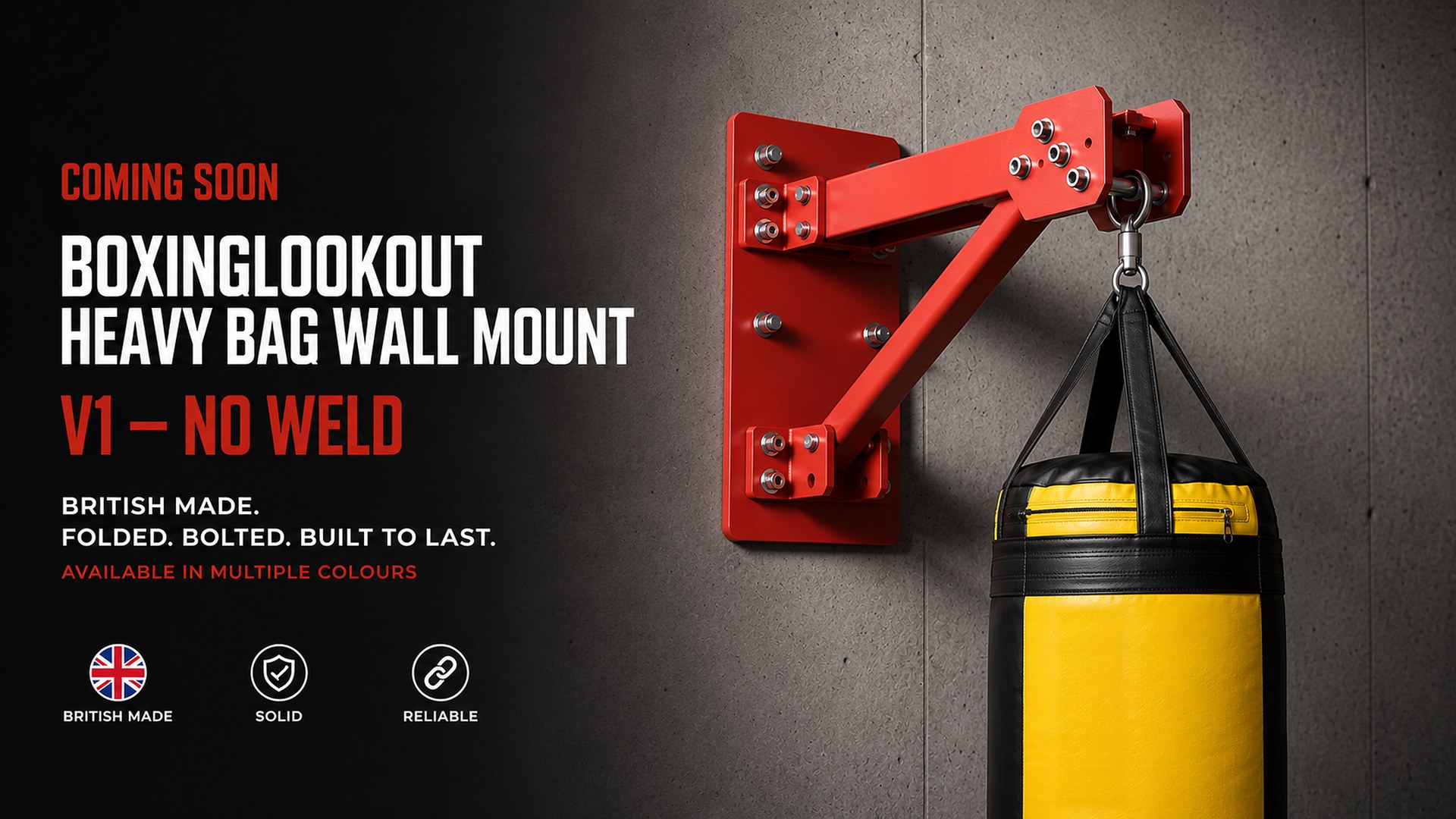 BoxingLookout Heavy Bag Wall Mount V1 No Weld — red powder coated folded steel bracket with heavy bag